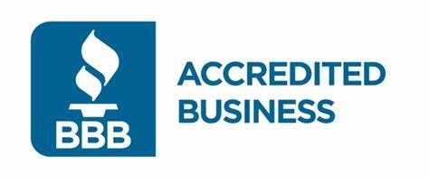 A blue and white logo for an accredited business.