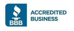 A blue and white logo for an accredited business.