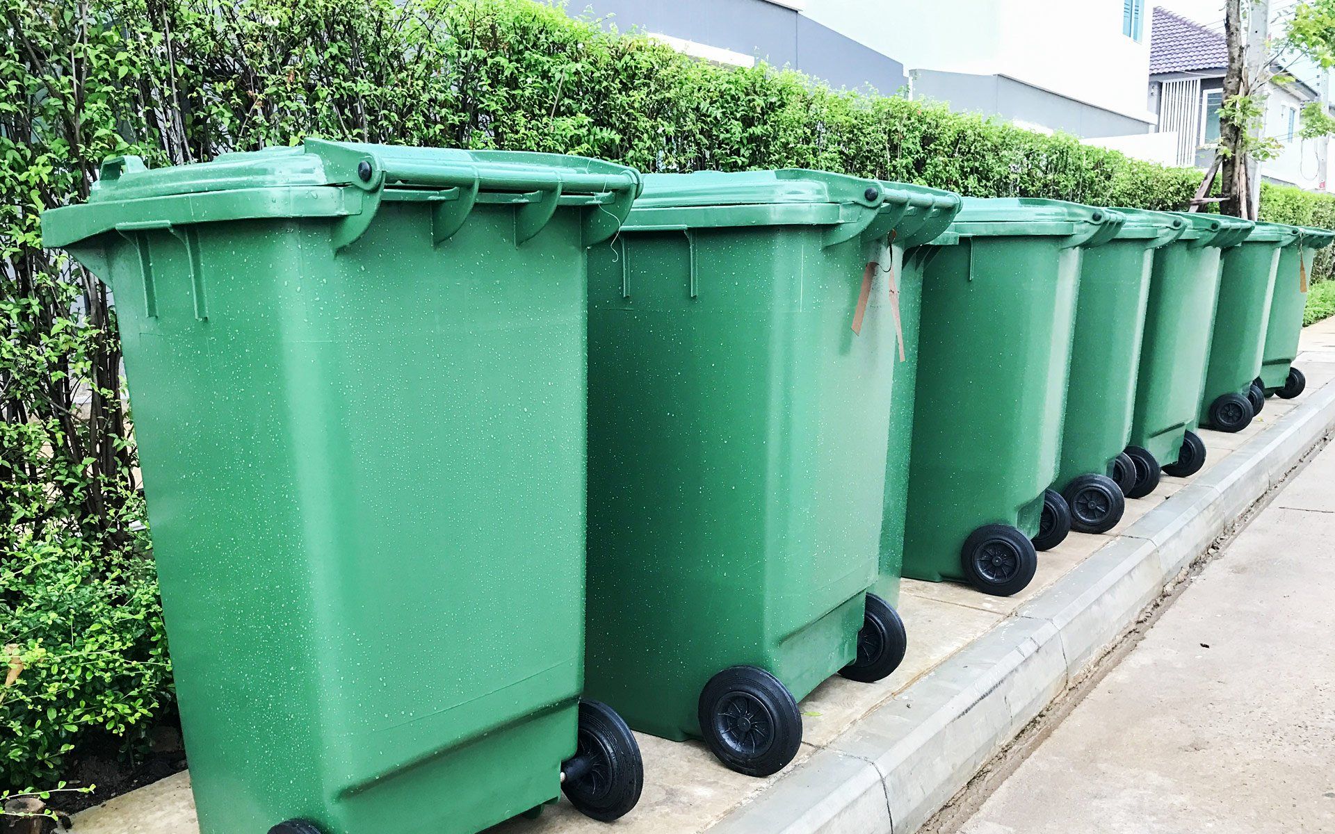 row of green plastic bin