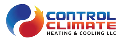 Control Climate Heating & Cooling LLC logo in blue, red, orange, and black text with circular flame-like icon.