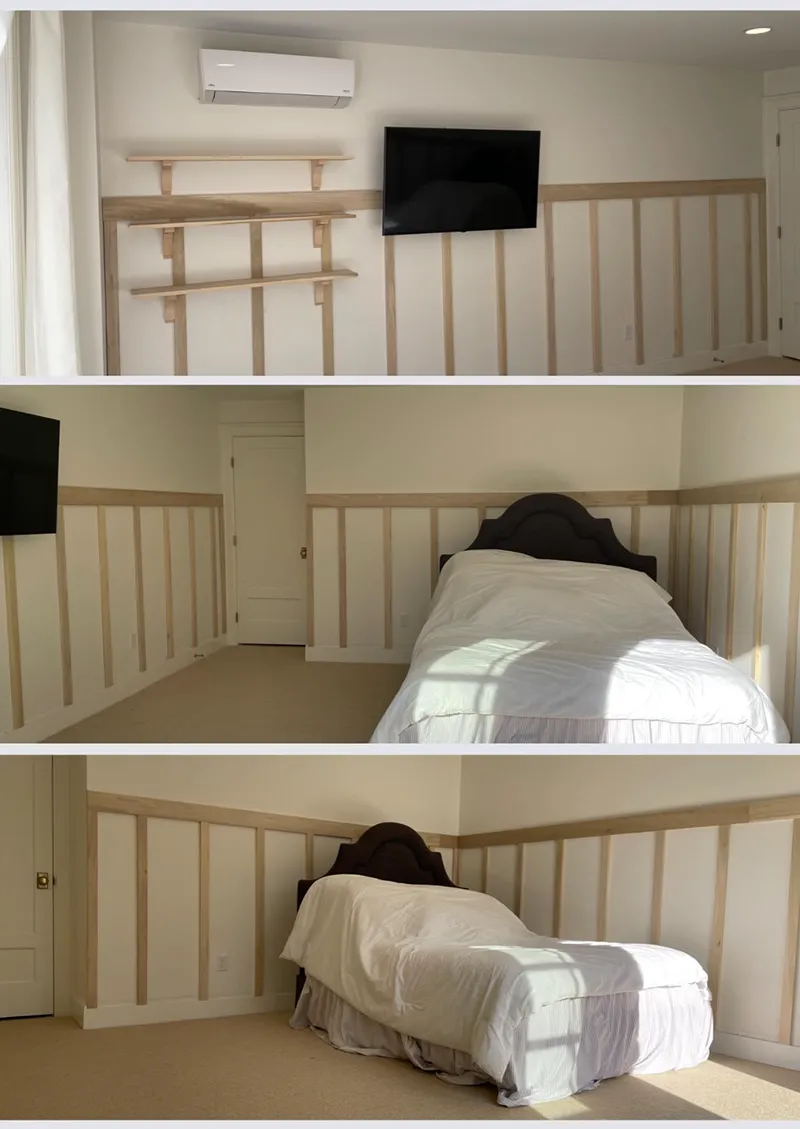 Three-panel view of a bedroom with white walls, wood paneling, TV, bed, and shelves.