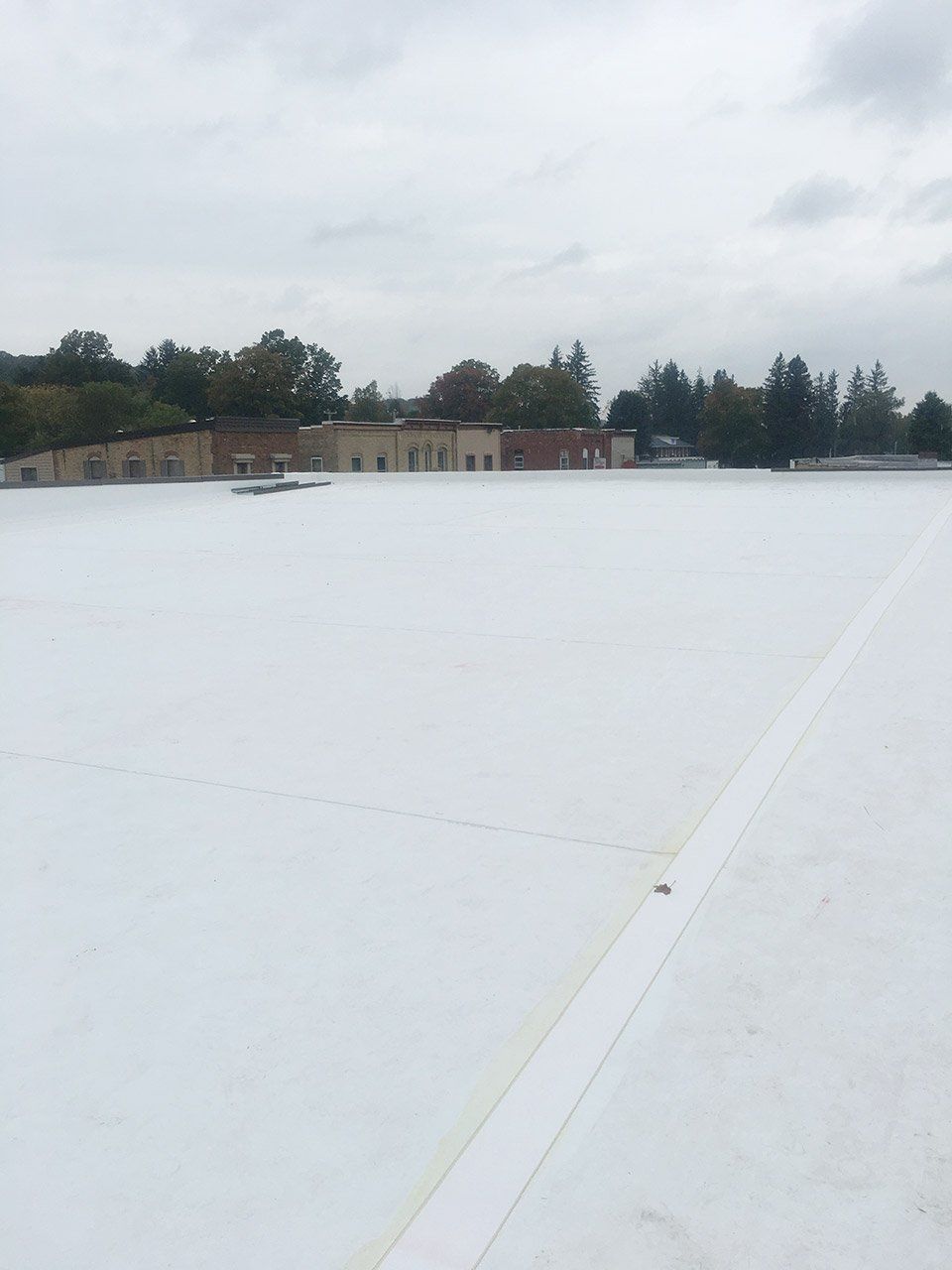 View of a flat, white roof with a building and trees in the background under an overcast sky.