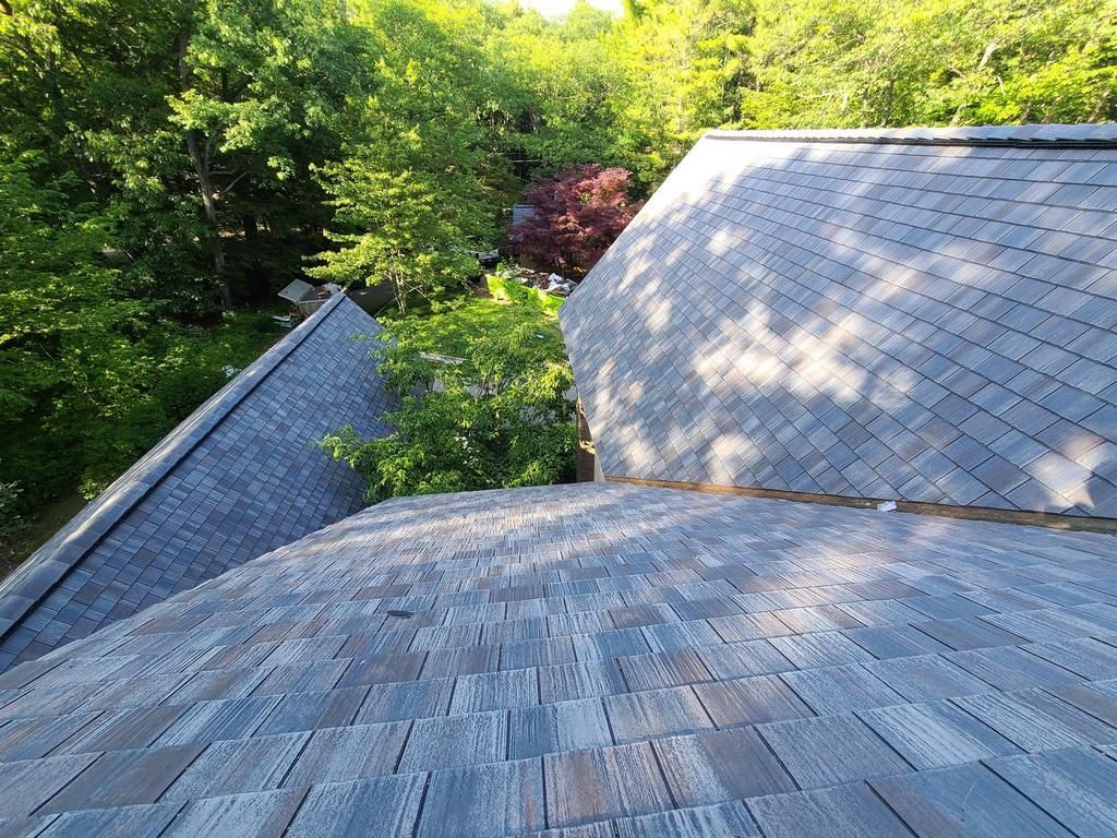 Gray shingle roof, angled view overlooking a green forest. Sunlight casts shadows on the shingles.