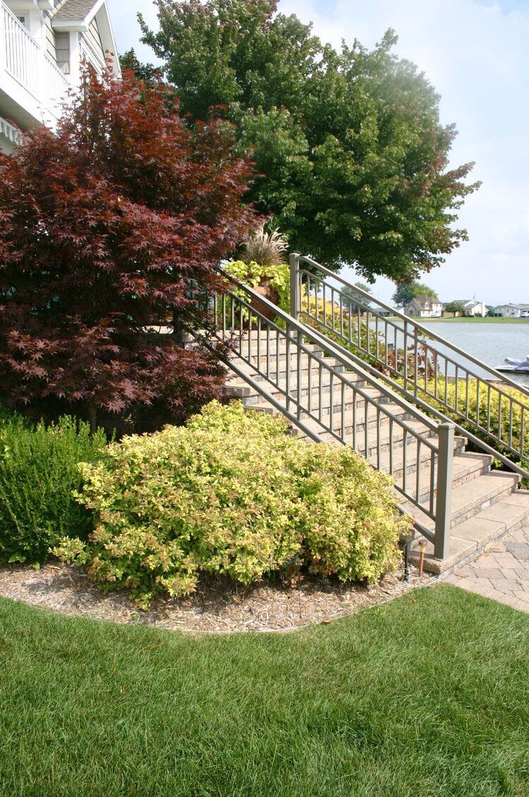 A staircase leading up to a house next to a lake surrounded by trees and bushes.