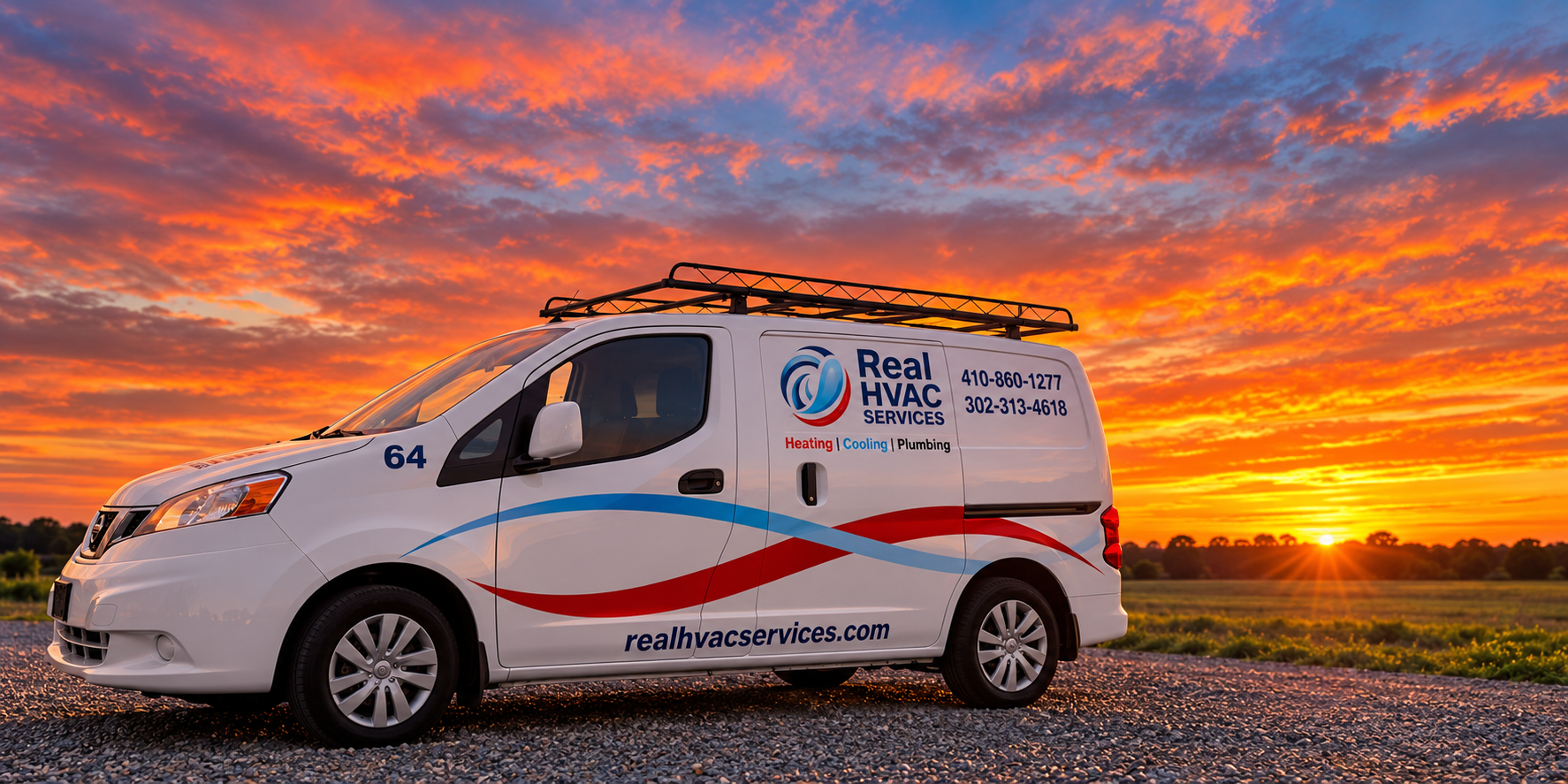 White service van with red and blue logo parked at sunset on a roadside under a dramatic orange sky
