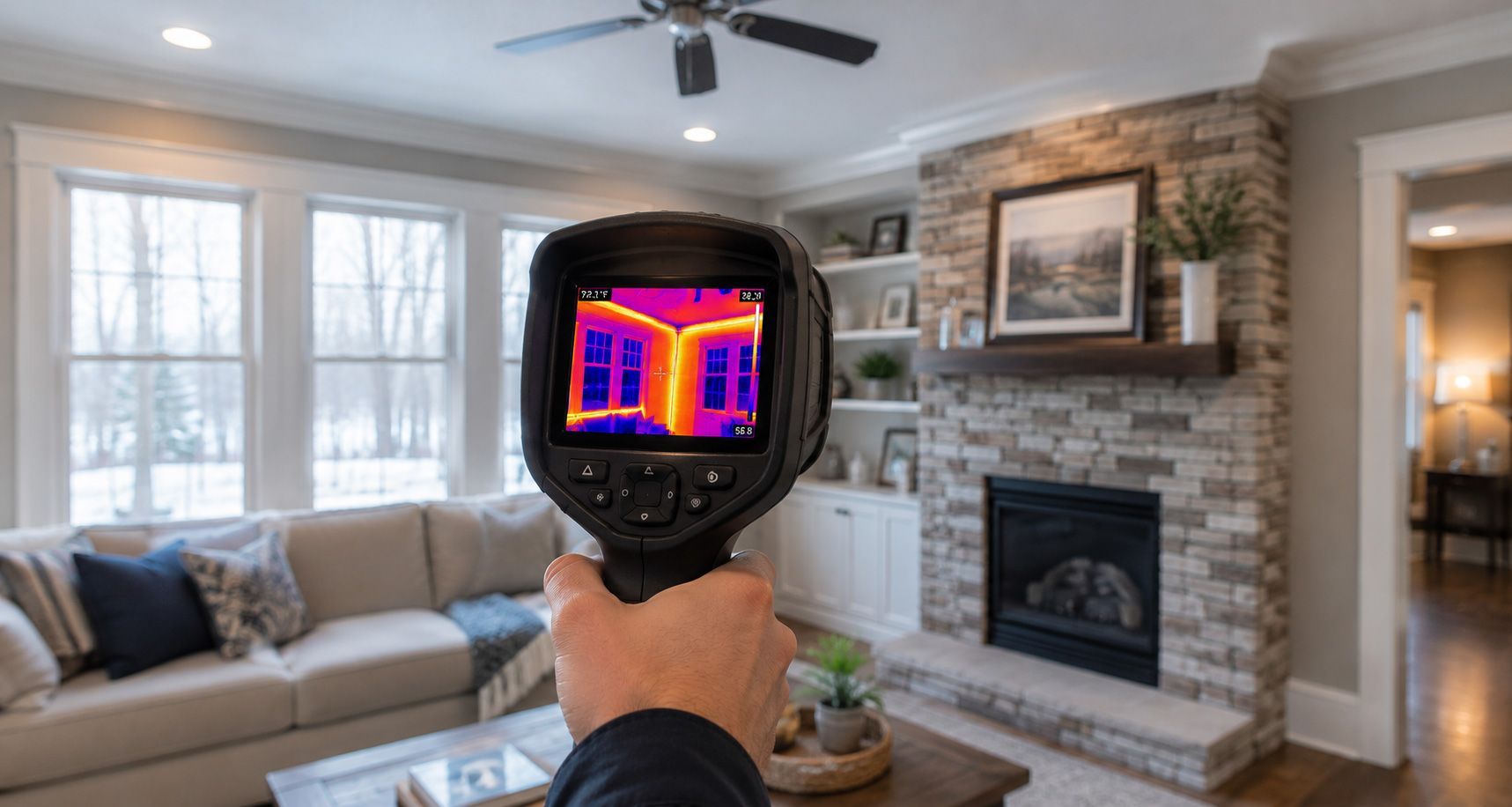 Handheld thermal camera aimed at a living room fireplace and windows, showing false-color heat patterns