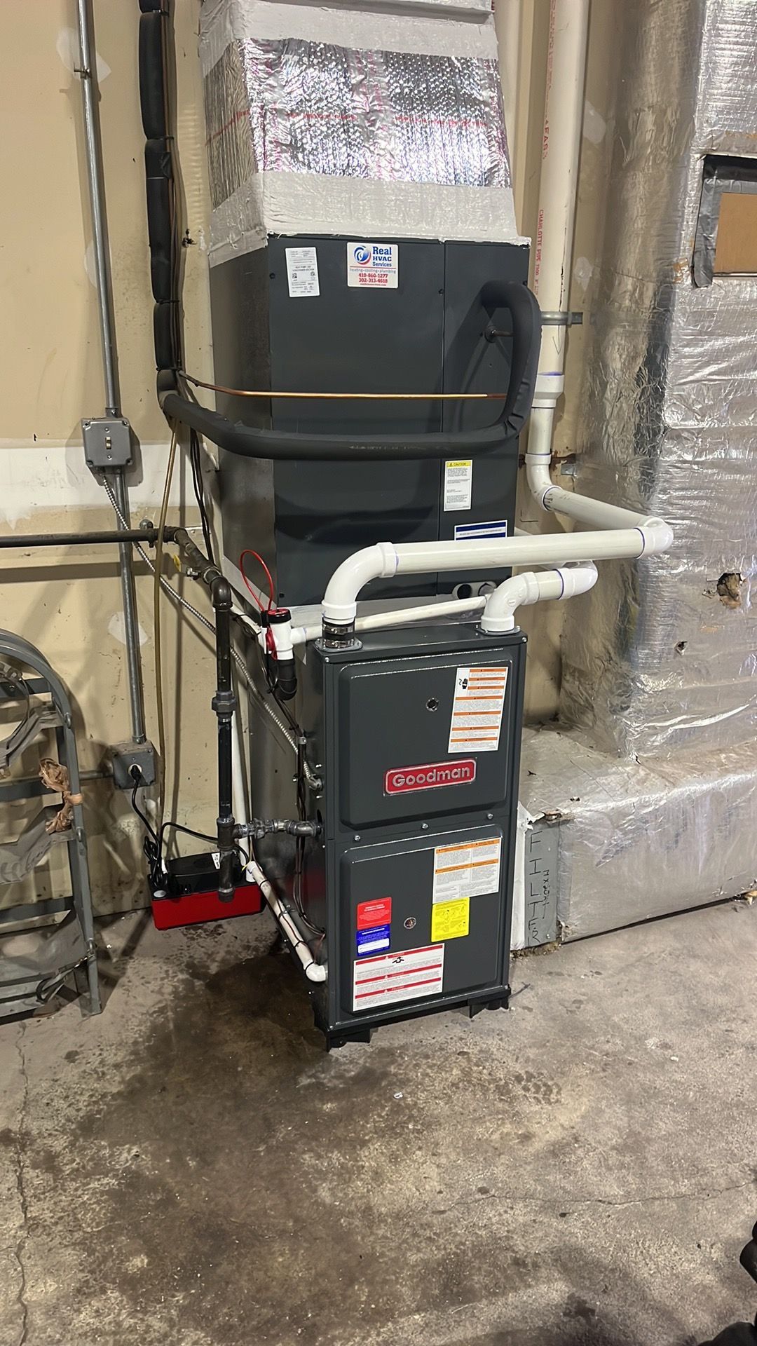 Real HVAC Goodman gas furnace with an evaporator coil