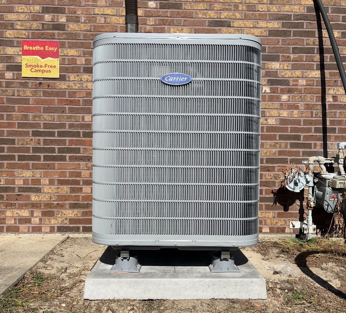 Large gray outdoor Carrier air conditioning unit beside a brick building, mounted on a concrete pad.