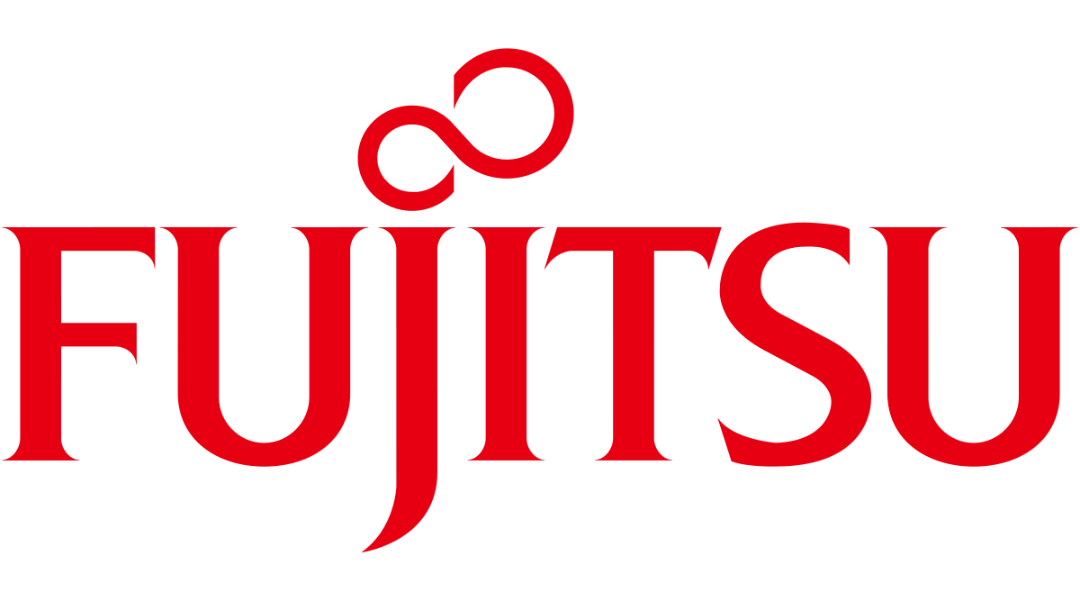 Red Fujitsu logo with stylized infinity symbol above the wordmark