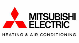 Mitsubishi Electric logo with red triangular emblem and black text, “Heating & Air Conditioning” underneath