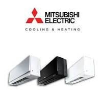 Mitsubishi Electric Cooling & Heating logo above three wall-mounted air conditioners in silver, black, and white