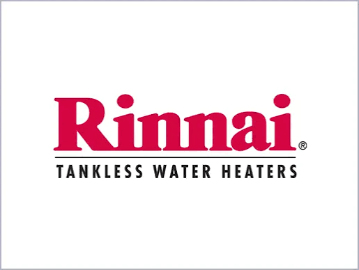 Rinnai logo in red with “Tankless Water Heaters” text on a white background