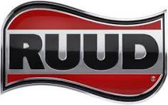 RUUD logo in bold black letters on a red and gray wavy background