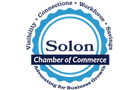 Solon Chamber of Commerce logo in blue and white with circular border and “Advocating for Business Growth” text