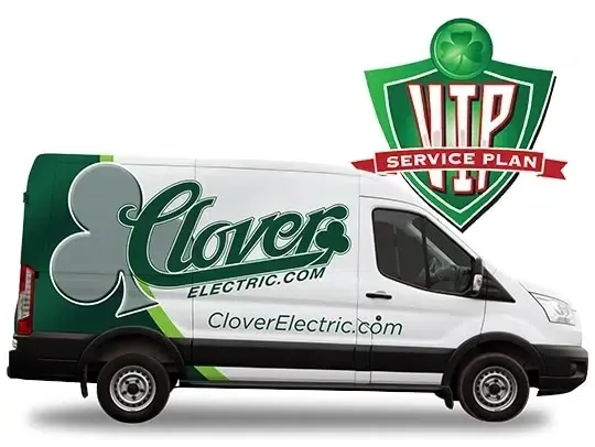 Clover Electric service van with green logo and VIP service plan sign on a white background