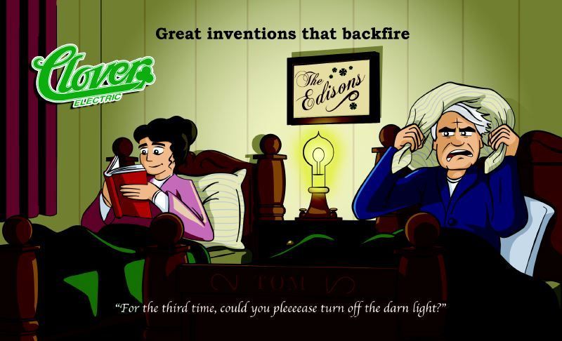 Cartoon ad: “Great inventions that backfire,” with a glowing bulb and two frustrated people at a table.