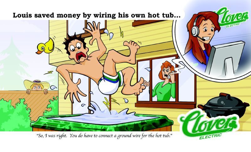 Cartoon man relaxing in a hot tub on a wooden deck beside a laptop with a “Lovers” logo.