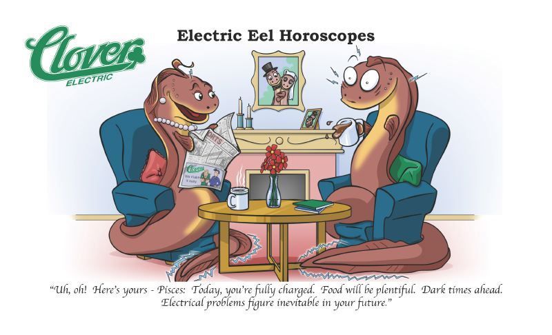 Clover Electric Eel Horoscopes ad with two cartoon eels at a tarot table and fortune cards on a screen