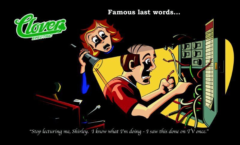 Cartoon man crashed into a computer screen, with “Clove” logo and “Famous last words...” text above.