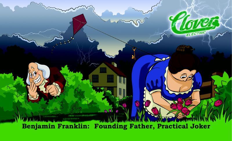 Benjamin Franklin portrait with kite, “Founding Father, Practical Joker” title text