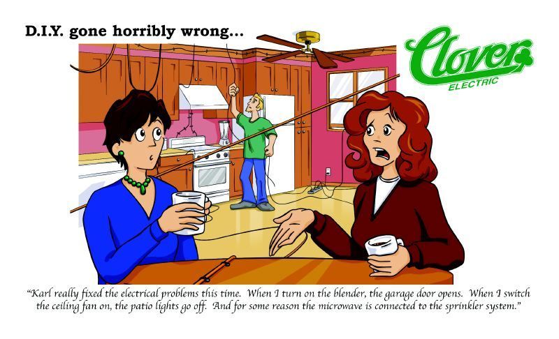 Three people in a kitchen react to a messy DIY project; a cabinet hangs loose and the room looks damaged.