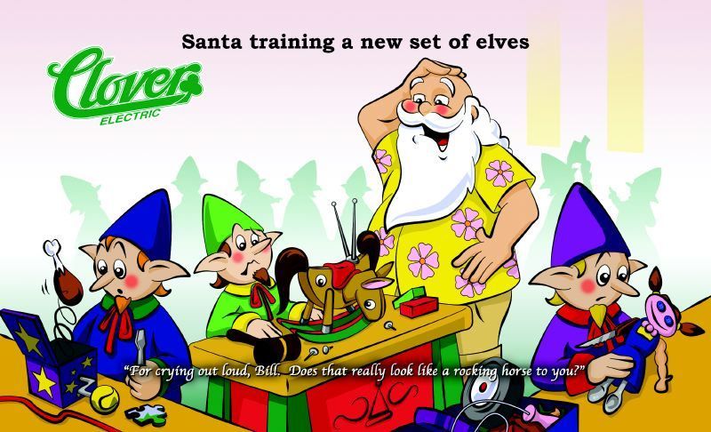 Cloves ad showing Santa training new elves beside a red sleigh with gift boxes and a toy train