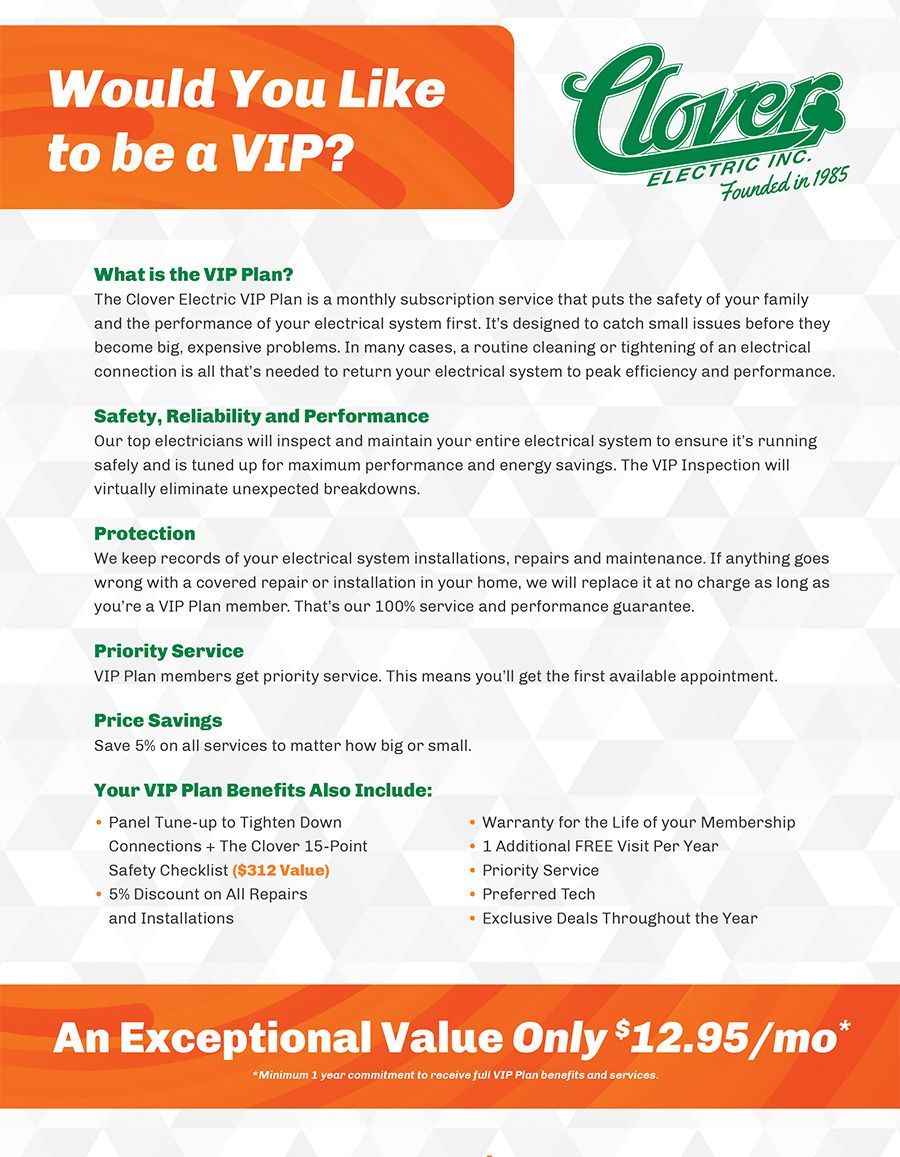 Promotional flyer for Clover VIP internet service, white and orange with green logo and monthly price of $12.05