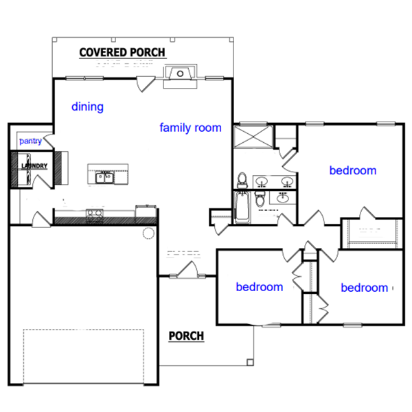 A floor plan of a house with a covered porch