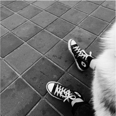 Black and white photo of Converse sneakers on a tiled surface with a dog's fur in the frame.